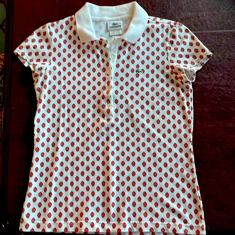 Lacoste polo. Made in France. White w/pink fleur de lis pattern. Women's 38
